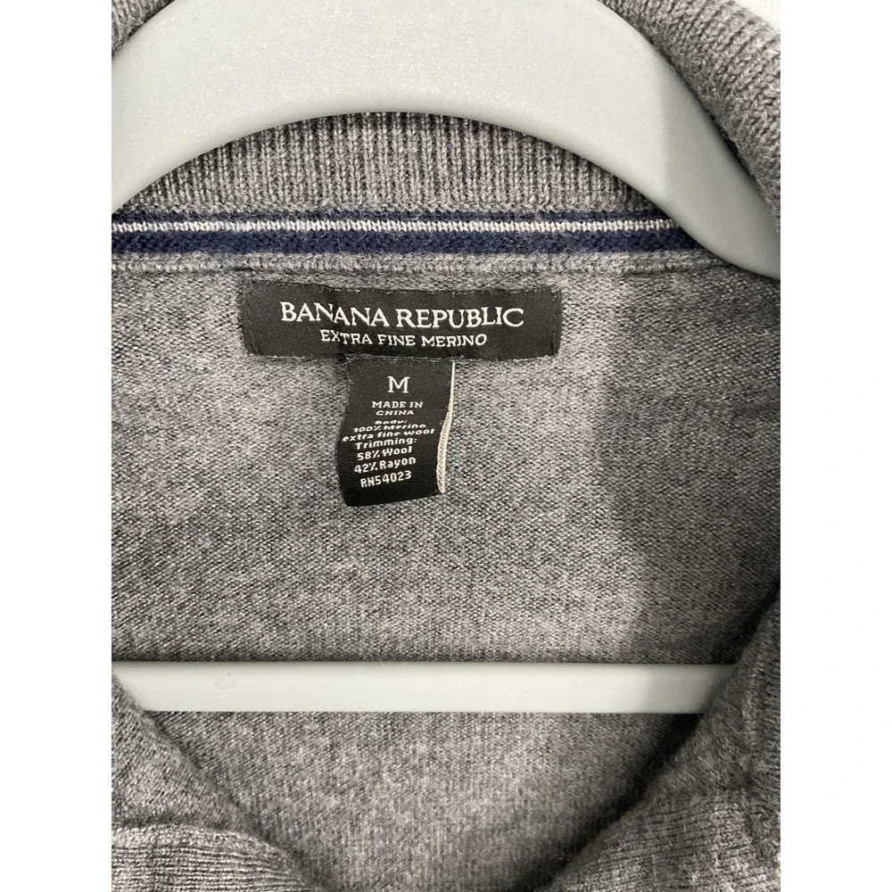 Banana Republic Mens Sweater Gray Extra Fine Merino Wool Quarter Zip Medium